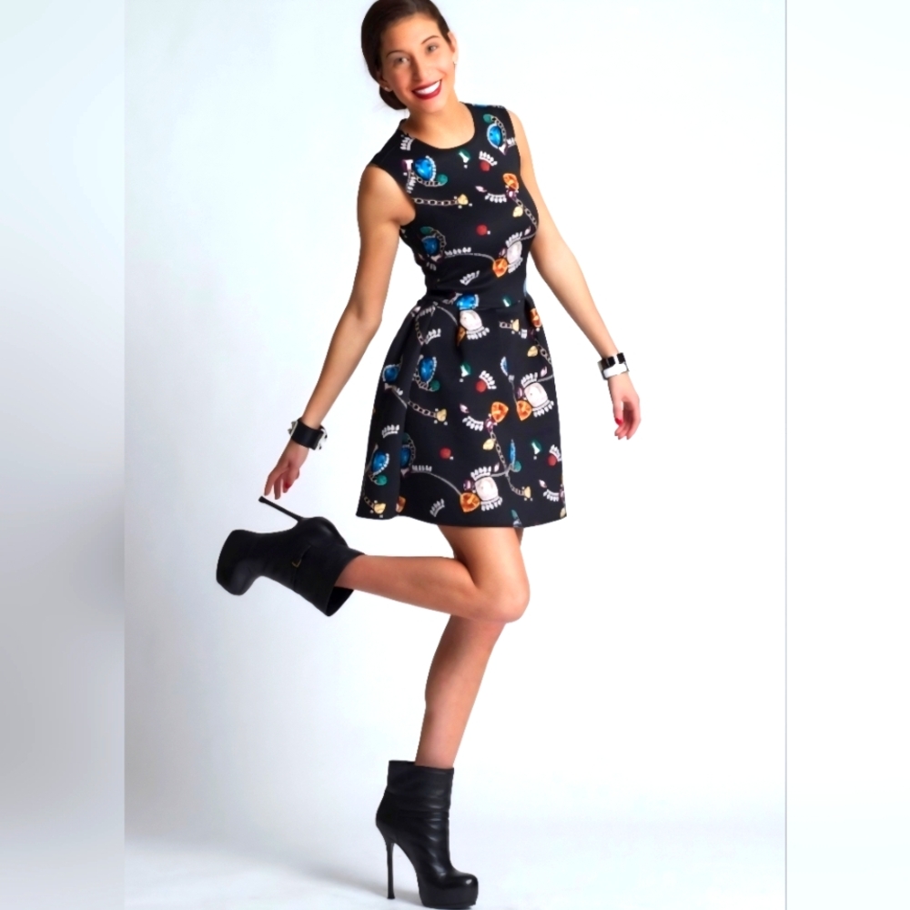 H&M Jewel Print Scuba Skater Dress Size Medium